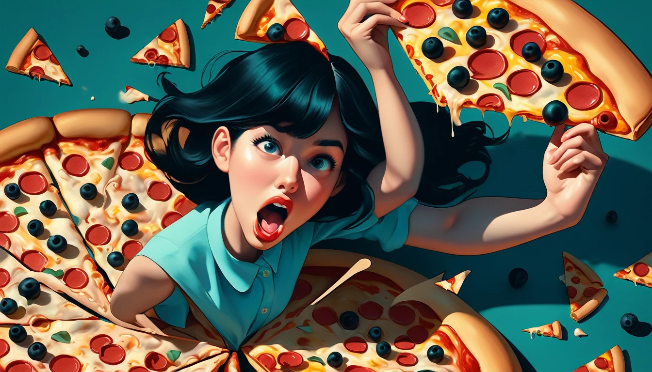 An illustration、art、Overaction、Overreaction、Pretending to be scared、Attention to detail, Realistic shadows、Analog Style, chromatic aberration, Surrealism、Eating pizza