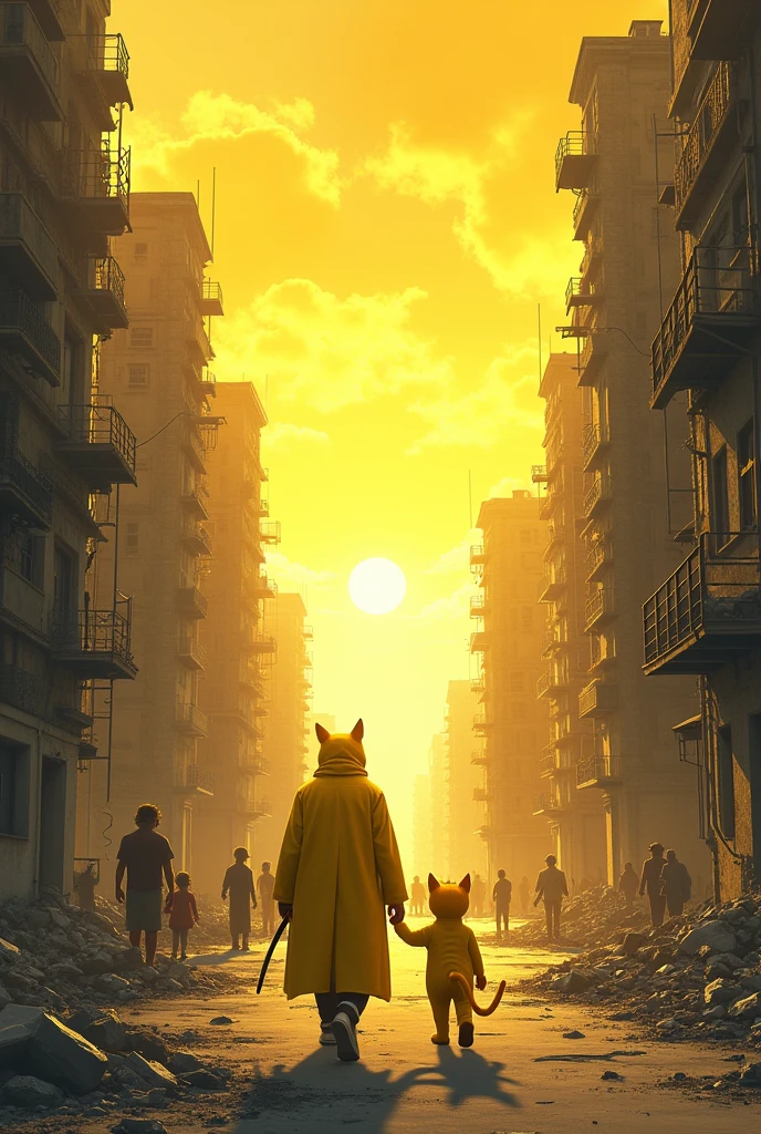City in Recovery**: The damaged city is now peaceful, with people rebuilding and the LemonFather and lemon cat walking away together into the distance, the sky turning bright yellow.