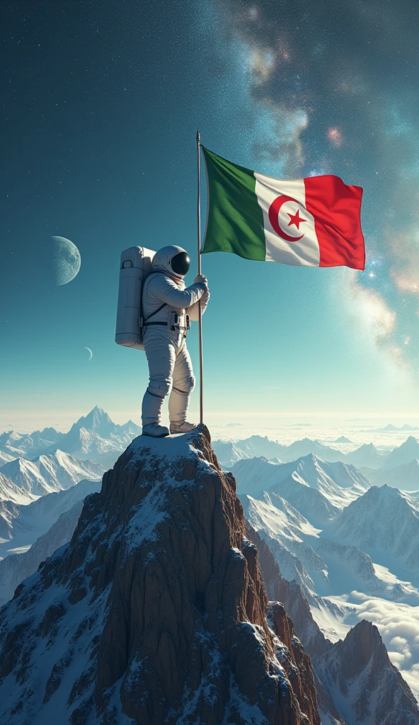 Astronaut carrying Algerian flag on top of mountain,Galaxy planets moons stars