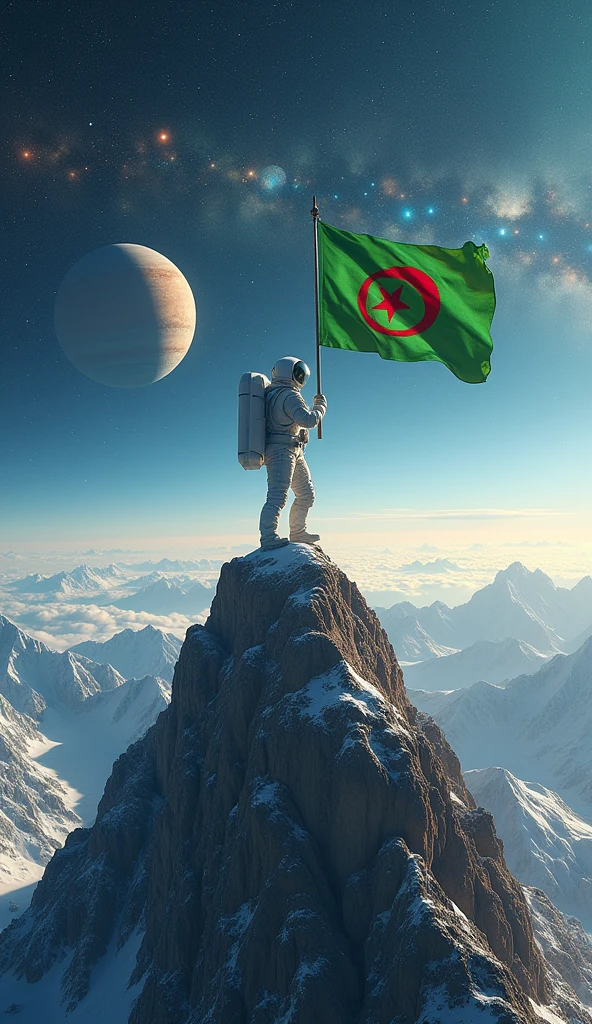Astronaut carrying Algerian flag on top of mountain,Galaxy planets moons stars