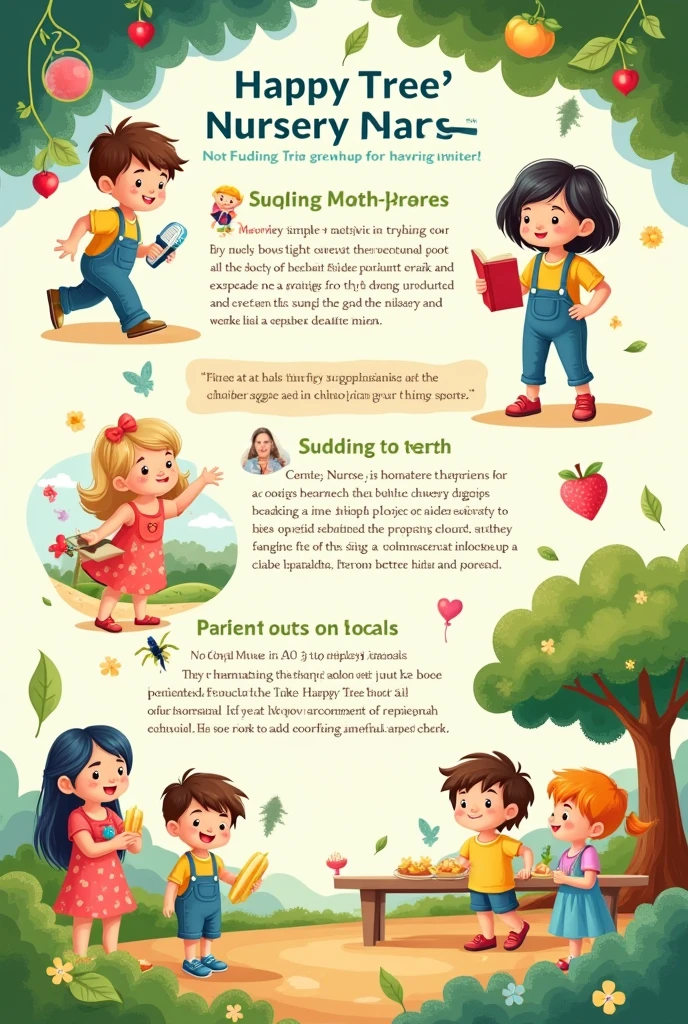 Illustrative pamphlet about the project to be carried out at the nursery, called happy tree. In this pamphlet I want information about the activities that will be carried out., so that parents are aware, sendo elas: stretches, motor circuit, sensory and cognitive play, drawings and at the end a healthy picnic 