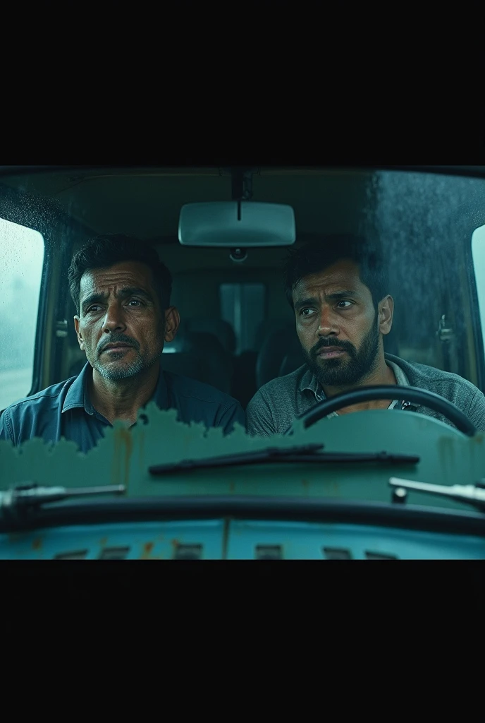cinematic, photorealistic film poster of a man in his 30’sand his son, driving an old van in heavy rainfall dark night, fear in faces, tension, frontal face shot, misty air, wiper wiping windshield, dim light, Kalimpong Sikkim Highway