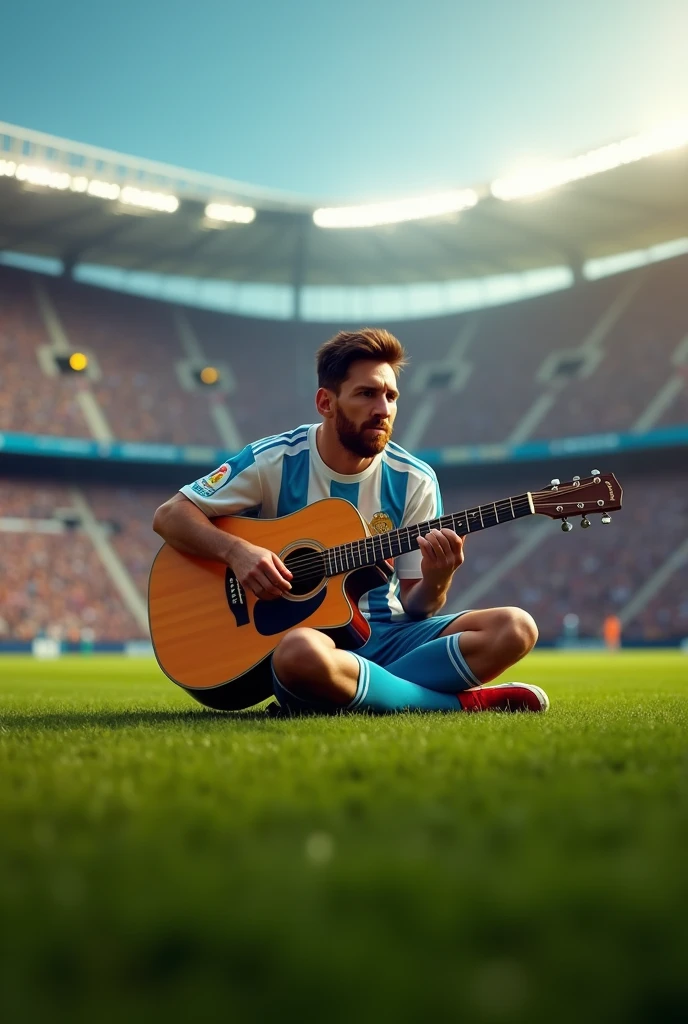 Messi is playing the guitar in a football ground 
