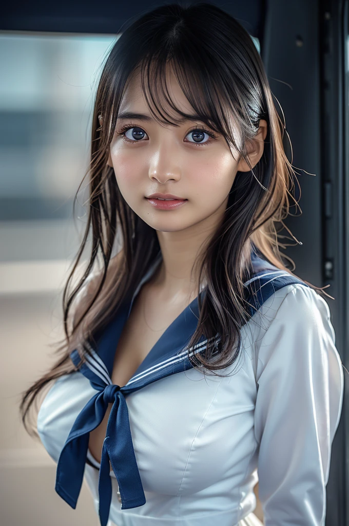 nogizaka,full body shot,(standing,long leg:1.4),long neck,(standing,full_body:1.3),mini skirt,tall stature,(sailor uniform:1.2),(huge breast,cleavage,gigantic breast:1.2),natural make,beautiful face,smile,bob,(Highly detailed face and skin texture:1.4),(solo:1.3), best quality ,masterpiece,ultra high res,(photo realistic:1.3),(8k uhd,RAW photo:1.2),35mm lens, f/1,(Detailed eyes:1.2), Double eyelid