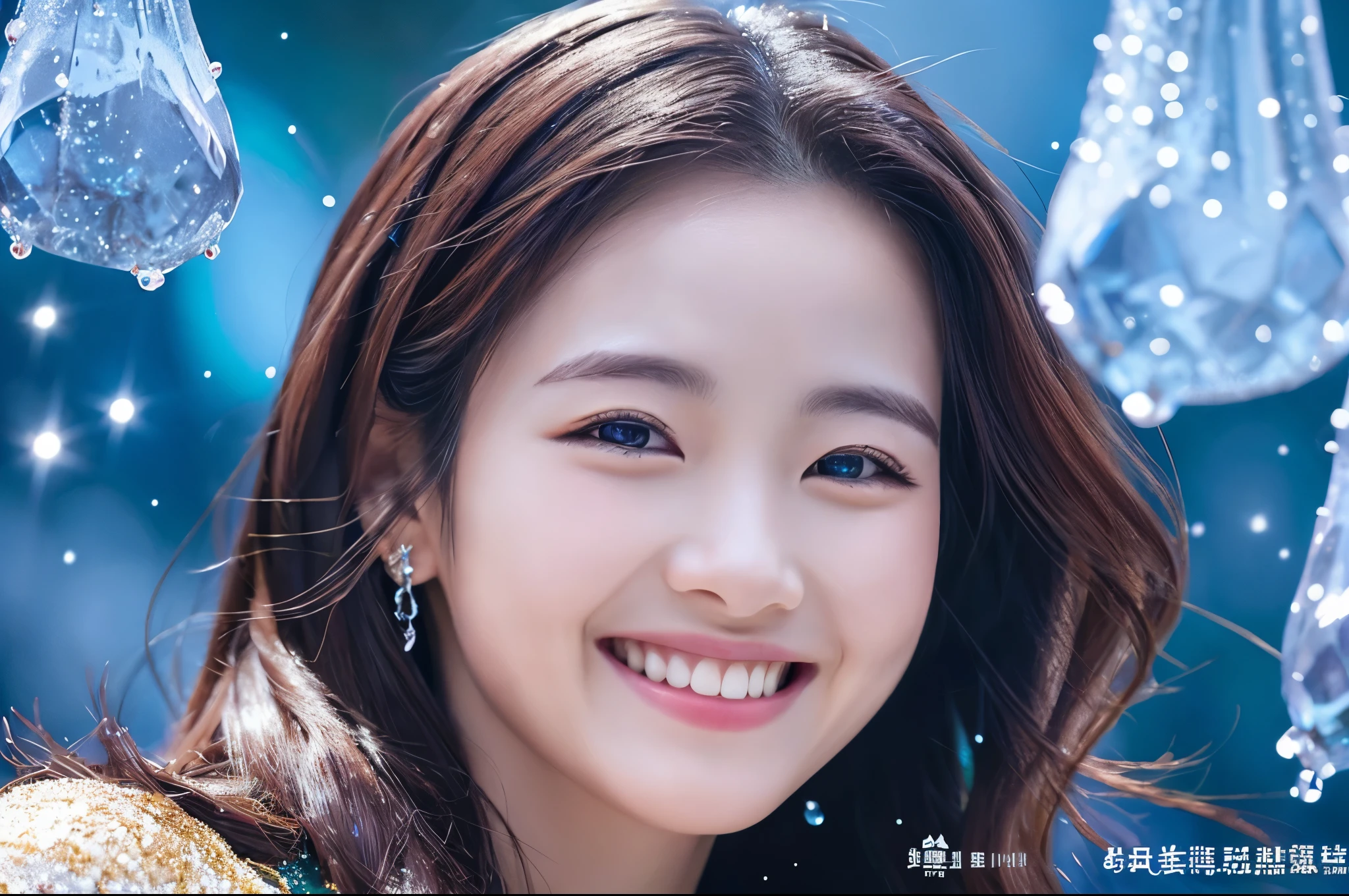 Highest quality masterpiece detailed A very beautiful woman is smiling Photo style Close-up The background is the moment when the water droplets fall Fantasy Fantasy