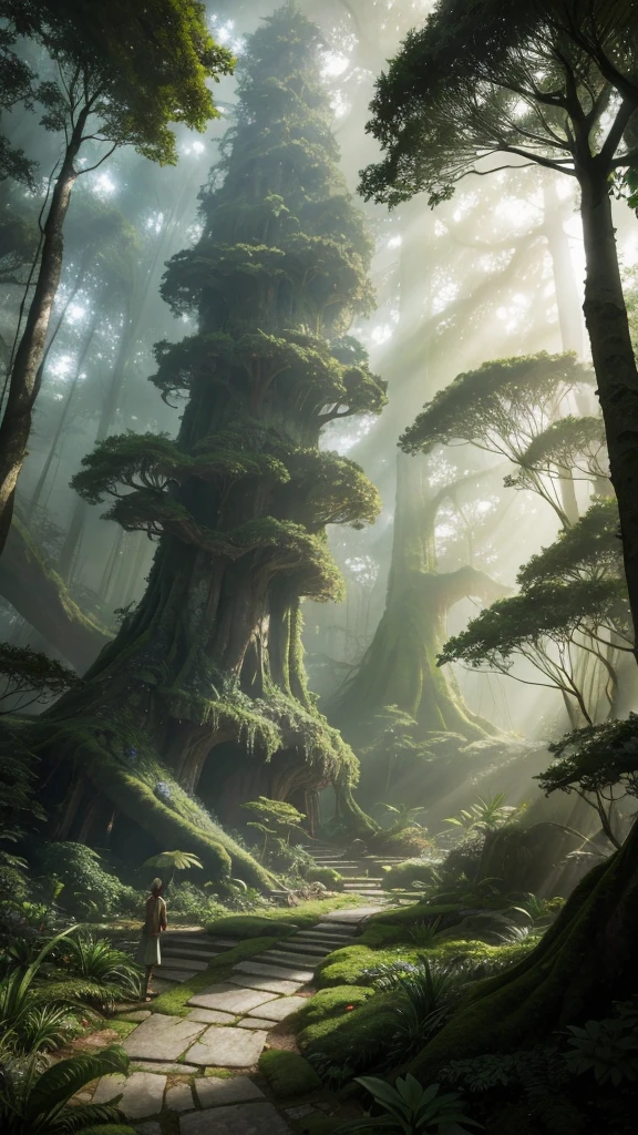 Lothlórien, Fantasy Magical Plants, Ancient forest, Wayne Barlow Pierre Pellegrini, a fantasy forest, fantasy forest, soft light misty yoshitaka amano, studio ghibli environment, beautiful Ancient forest, forest under the outside world, Deep Jungle of Another World, mystical forest lagoon,High detail, Ultra high definition, 