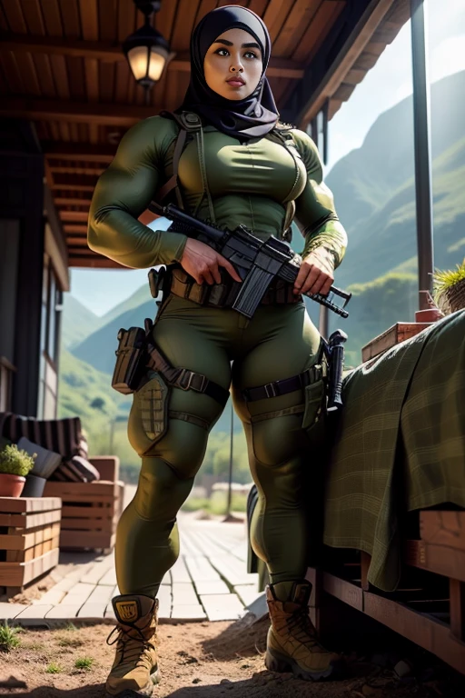 Photorealistic, high resolution, 1 malay girl in hijab from Perak, Solo, Hips up, Battlefield background，view the viewer, (Detailed face), White hijab, SWAT vests, sniper rifle handle, camouflage combat suit, Camoflage military uniform, SWAT Boots, bulletproof vest, Holding an assault rifle, M16, Inside the jungle of Royal Belum, Very detailed, Perfect face, Black eye, jewelry, (full body view), Lifelike, masterpiece, HDR, 4K