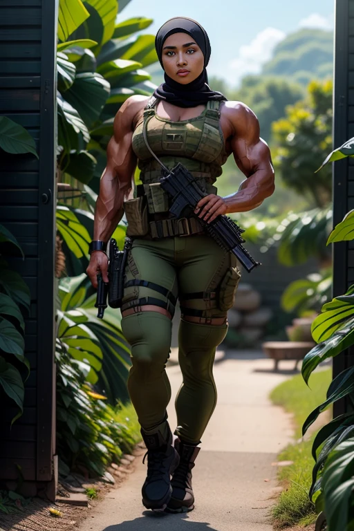 Photorealistic, high resolution, 1 malay girl in hijab from Perak, Solo, Hips up, Battlefield background,view the viewer, (Detailed face), White hijab, SWAT vests, sniper rifle handle, camouflage combat suit, Camoflage military uniform, SWAT Boots, bulletproof vest, Holding an assault rifle, M16, Inside the jungle of Royal Belum, Very detailed, Perfect face, Black eye, jewelry, (full body view), Lifelike, masterpiece, HDR, 4K
