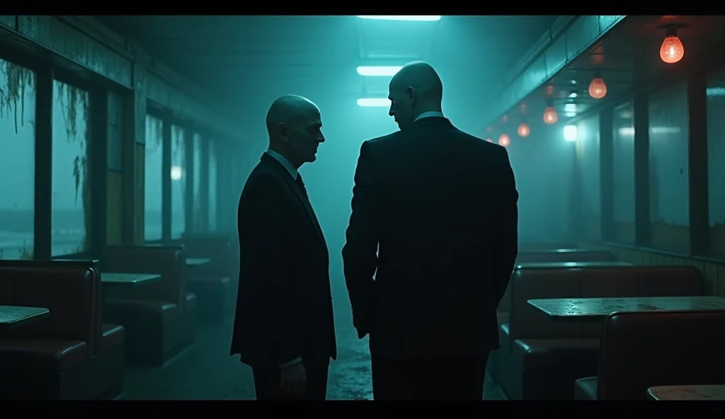 Theme: Very creepy and mysterious.
Scene: The next day, a pale man in a black suit visits Tony and they go to breakfast together.
Setting: The diner is dimly lit, with an unnatural, bluish tint to the light, making the man’s pale skin look almost ghostly.
Goal: To intrigue and unsettle the viewers, highlighting the stranger’s eerie presence and the ominous nature of his visit.