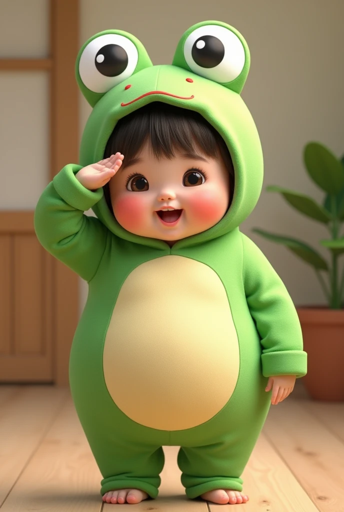 (girl),(()) ,3d images ,Highest quality 8K ,Chubby body shape,((Very fat)),Pink cheeks,podgy,Good mood,((Raise your hand to salute your boss.)),((right hand saluting)),((Open your eyes.)),Wear a frog doll costume,Balanced lighting,blurred background,Middle of the picture