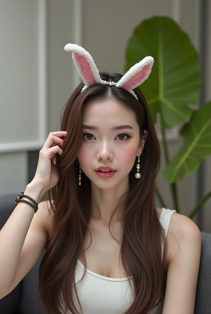 20 Years Old , Exotic Face , Detailed Body , Detailed Face , Perfect Makeup , Best Quality , Female , Look at Viewer , bunny suit, Gorgeous , ((Long Hair)) , The Modern Futuristic Living Room Background , ((Centre:1.1)) , Sleeveless , Broken Heart Face Expression , Perfect Lighting , ((Perfect Potrait)) , (Bokeh), smile