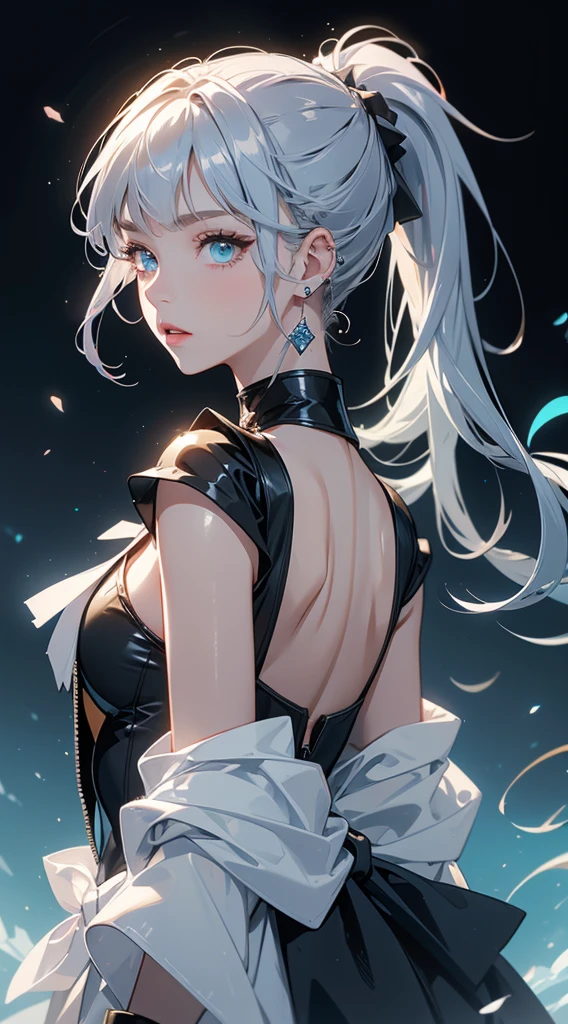 1demongirl, aqua eyes, back, bangs, bare shoulders, black gloves, blue eyes, braid, choker, earrings, fingerless gloves, from behind, gloves, grey hair, holding, jacket, jewelry, long hair, looking at viewer, looking back, nail polish, off shoulder, parted lips, piercing, ponytail, red jacket, solo, upper body,baiyi,[[realistic]],(shiny skin),(masterpiece:1.4),(best quality:1.4)