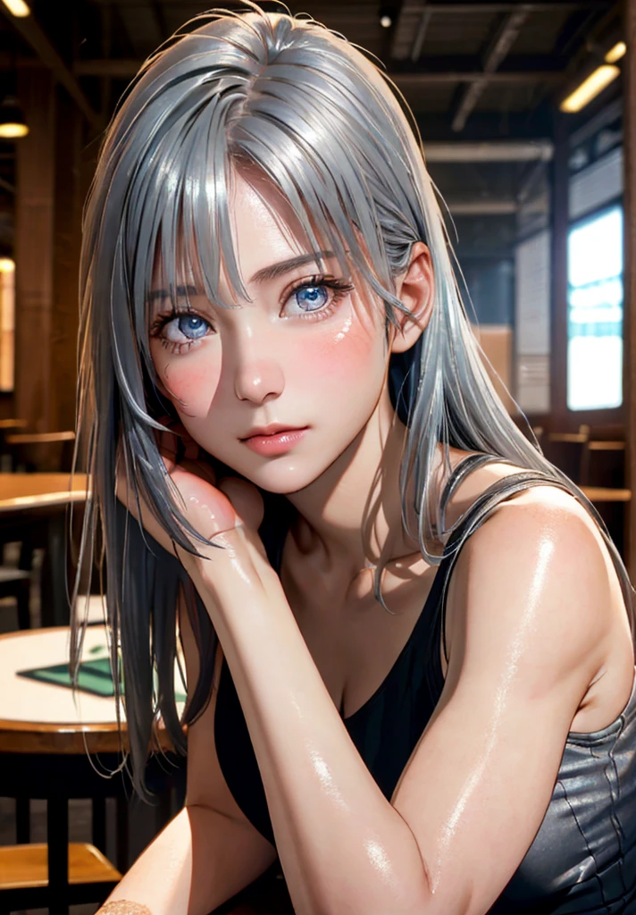 8k,Highest quality, Tabletop, Ultra-high resolution, (Realistic:1.4), RAW Photos, (Real skin texture:1.3), (Film Grain:1.3), (Selfie angle),One Girl, natural perm hairstyle, Silver Hair, Sitting, Chair, boredom, Hand supporting chin, Beautiful and detailed eyes and face,Tabletop, Highest quality,close,Upper Body,
