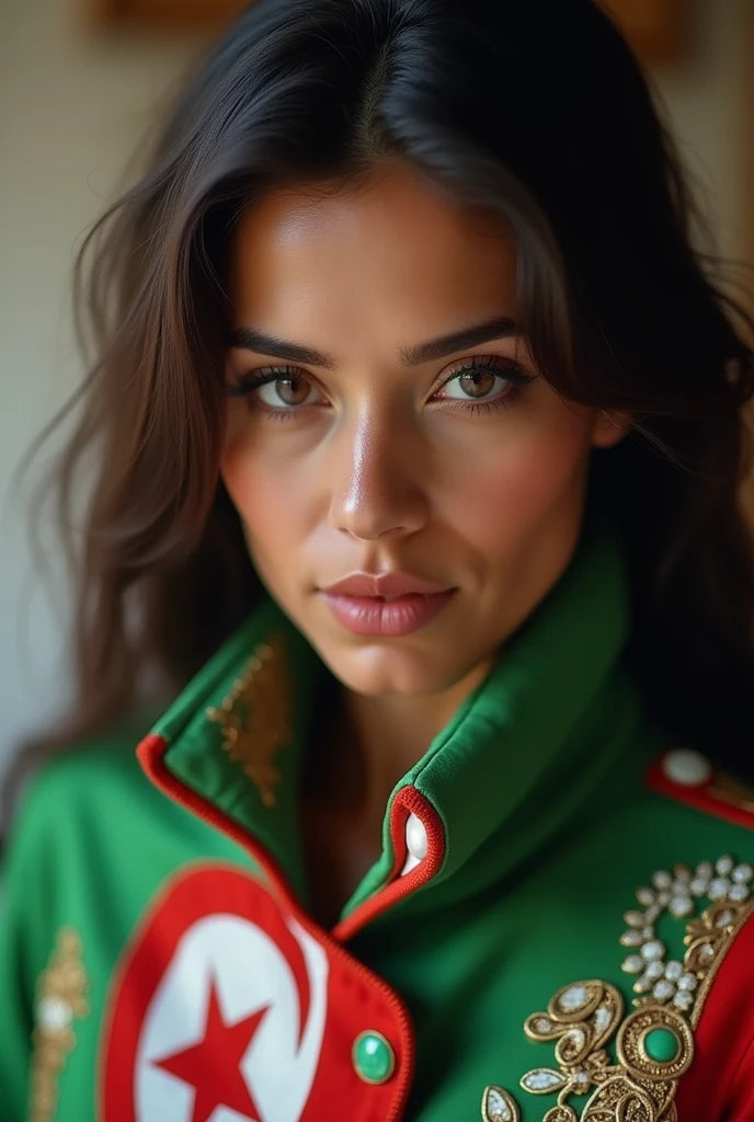 woman wearing Algerian flag jacket, close-up