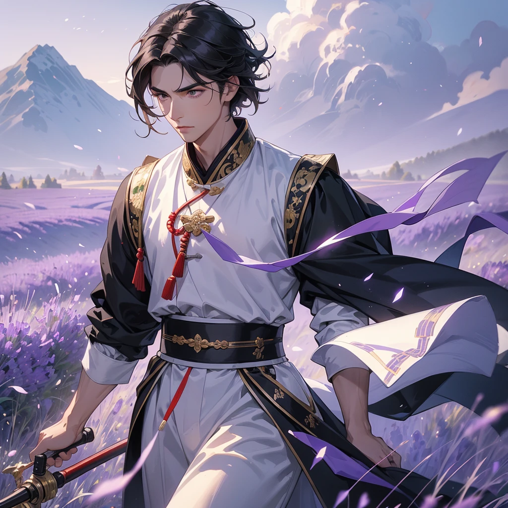 Handsome black-haired male general holding a large sword in white ancient Chinese general costume, walking In the middle of lavender fields , Surrounded by lavender fields, purple, with green mountains in the background, low clouds, close up.