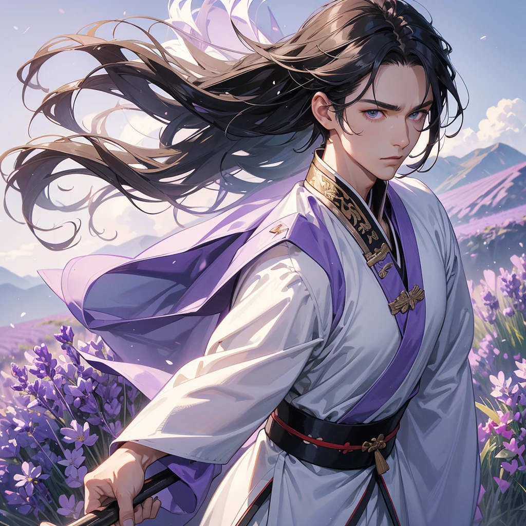 Handsome black-haired male general holding a large sword in white ancient Chinese general costume, walking In the middle of lavender fields , Surrounded by lavender fields, purple, with green mountains in the background, low clouds, close up.