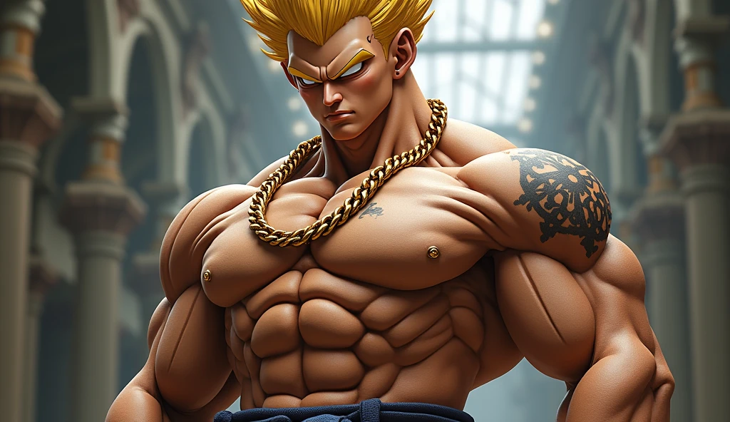 vegeta, wearing no shirt, with a tattoo on his left arm and a gold chain around his neck