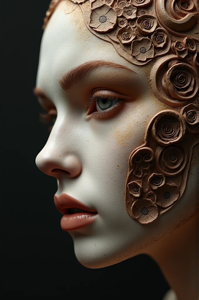 32k, Masterpiece, top quality, ((woman)) Close-up, face, human-machine hybrid, pale skin, circuit board pattern, reddish-brown, off-white, eyeliner, light eyes, full lips, light pink, dark mark, futuristic, beauty, organic, technological, plain, light gray background, stylized, seamless integration.