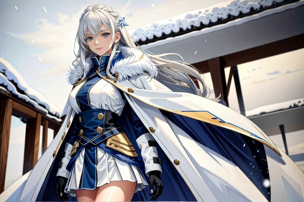 (highest resolution, distinct_image), realistic, Best quality, single person, one girl, solo, masterpiece, highly detailed, realistic, long hair, braided white blond hair, (blue military uniform underneath the coat), depth of field, (falling snow), ((big breasts)), authoritative, dignified, calm and powerful expression, ambient lighting, exquisite facial feature, (fur-trimmed white coat), open coat, short skirt, looking at viewer, head to waist, dynamic angle, light smile, ((from front)), ((quiet and spacious plaza in background))