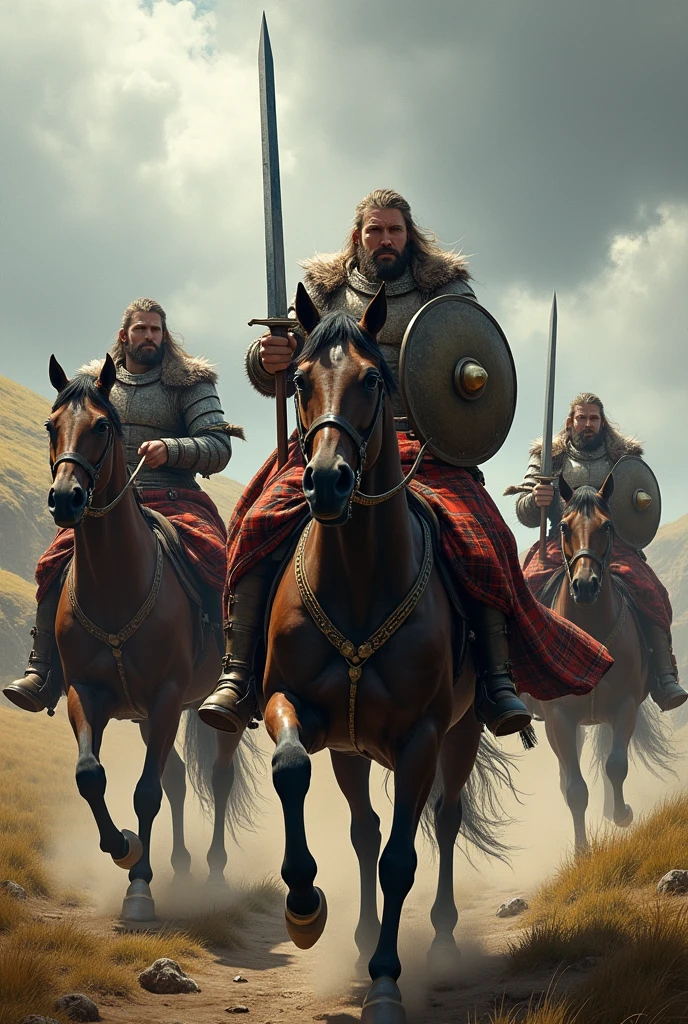 Warriors in tartan skirts and horses