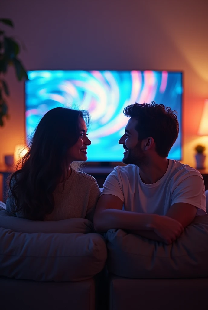 Create an image that represents the following situation. you are at home with a friend, You are talking to each other from a distance and you are just friends. The big TV is on and something flashy is playing on TV., she has no sound and you are not watching just talking to each other. but you are not watching TV and you are facing your friend