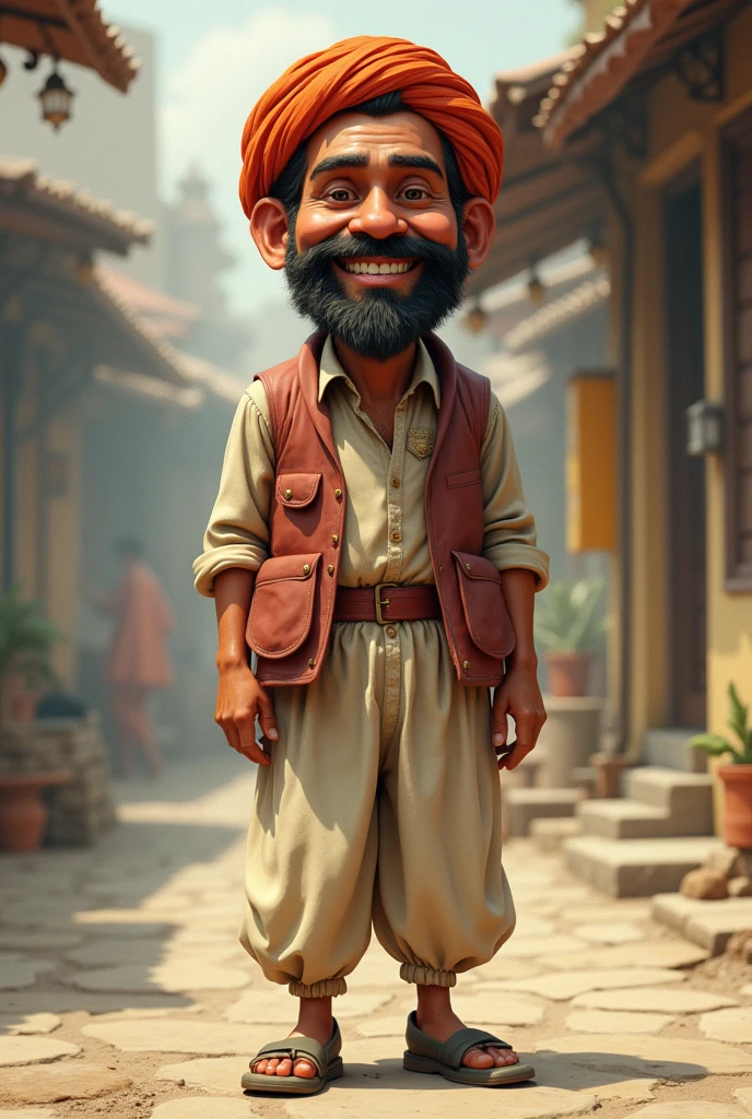 make ,a realistic full body shot,exagerrated ,caricature ,of hindi man, with nice smile,This masterpiece captures the essence of the era, radiating nostalgia and vintage charm.,simple background.high detail