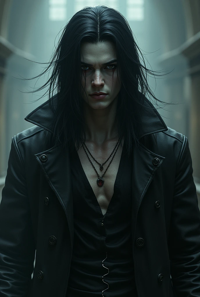 Create characters inspired by Dante from Devil May Cry with paler skin, let it be a man, no tattoo and black hair
