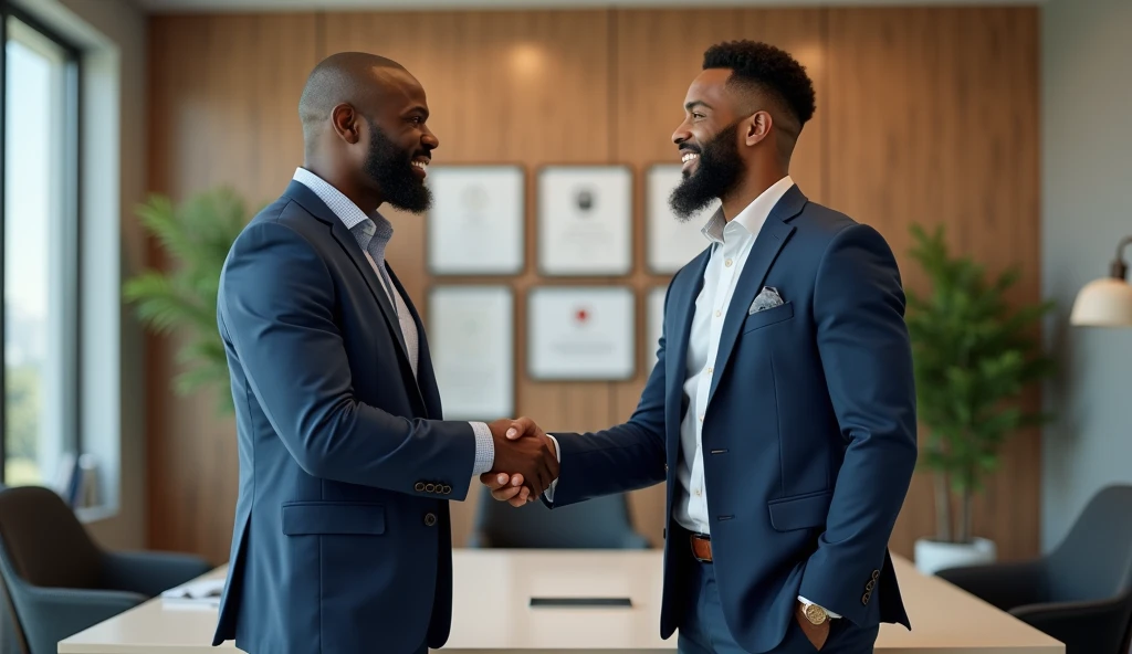 Image of two african american men, who gives himself a firm handshake in a real estate agent&#39;s office.