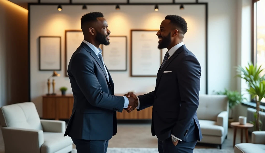 Image of two african american men, who gives himself a firm handshake in a real estate agent&#39;s office.