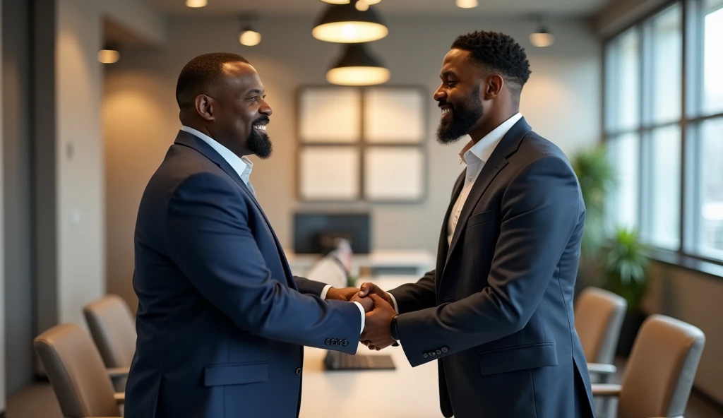 Image of two african american men, who gives himself a firm handshake in a real estate agent's office.