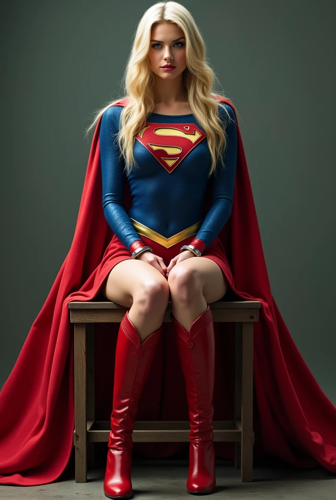 supergirl, full blue body suit, long blonde hair, red elbow gloves, red gauntlets, black tights, red boots, red skirt, gold belt, really long red cape, sitting on a wooden chair, looking straight, full image from head and legs, realistic, bdsm, bondage, bound, arms bound to arm rest, legs bound to chair leg