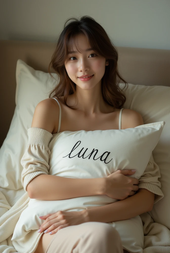 sitting on bed、The woman is a 2 Japanese woman.、Height is 171 cm、Slim and fashion model-like figure、 "luna" written、Holding a fairly large pillow, Smiling sweetly at the viewer, Full Body Shot, Cinema Lighting、Brown Hair、highlight、Messy hair