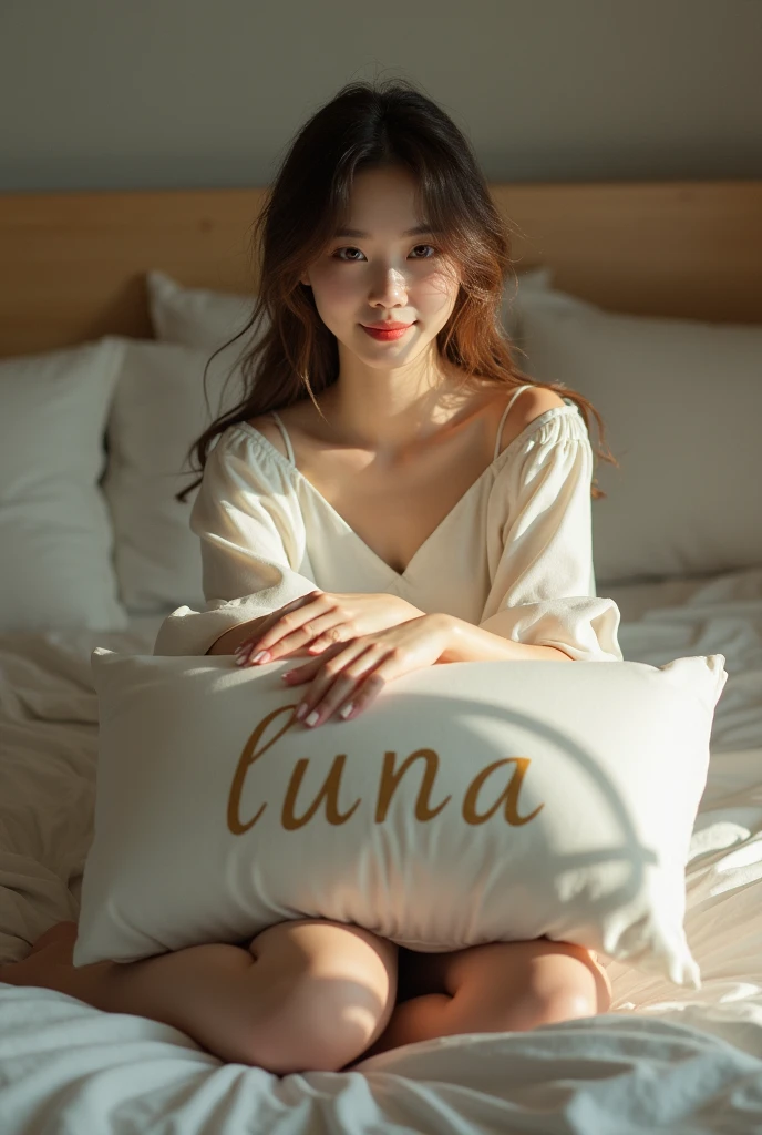 sitting on bed、The woman is a 2 Japanese woman.、Height is 171 cm、Slim and fashion model-like figure、 "luna" written、Holding a fairly large pillow, Smiling sweetly at the viewer, Full Body Shot, Cinema Lighting、Brown Hair、highlight、Messy hair