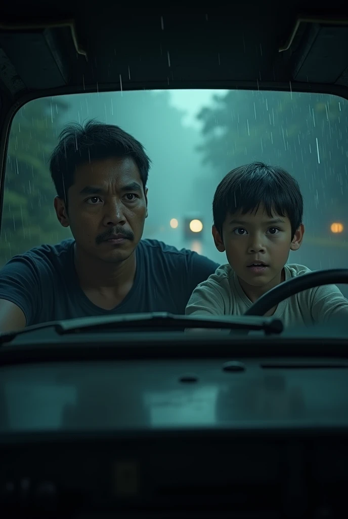 cinematic, photorealistic film poster of a young father and his son, driving an old van in heavy rainfall dark night, fear in faces, tension, frontal face shot, misty air, wiper wiping windshield, dim light, Kalimpong Sikkim Highway