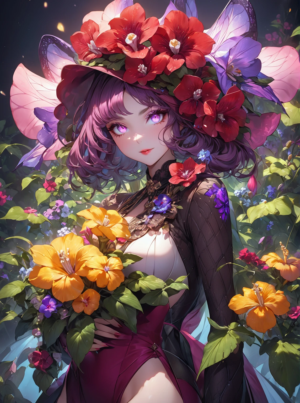 Ultra high resolution, rich colors, perfect image, best quality, beautiful women, glowing skin, skin and clothing texture, delicate eyes, anthropomorphic, flowers, gloxinia