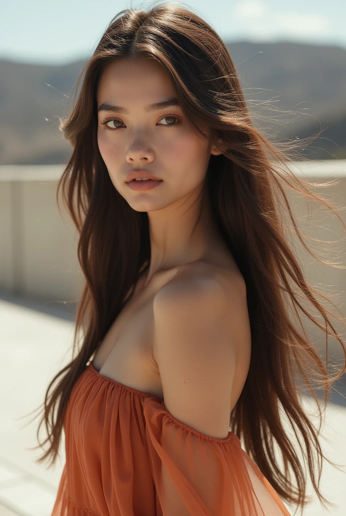 beautiful girl with long hair in a chic dress