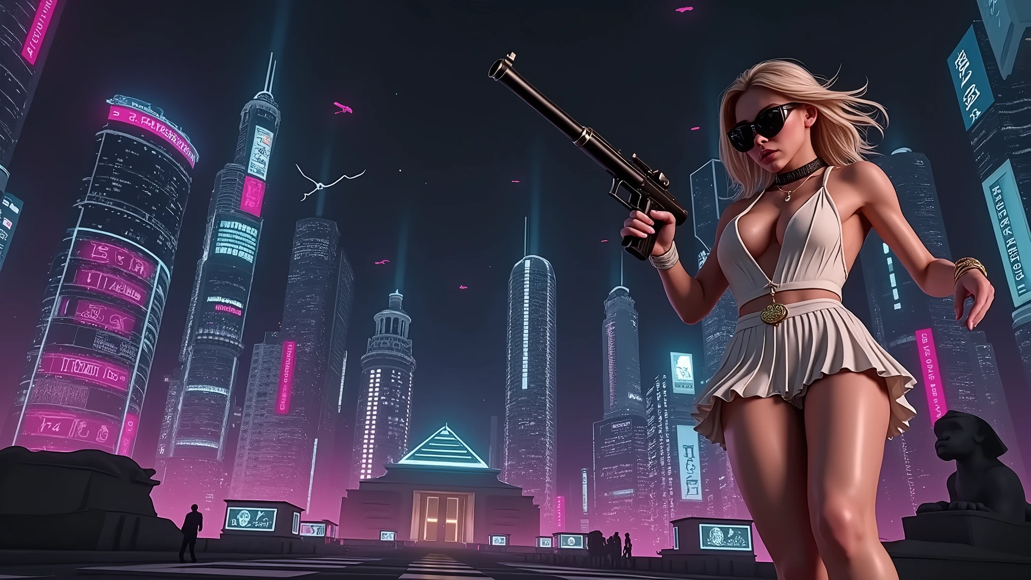 Futuristic cityscapes with colorful all-glass outlined towering skyscrapers with lightning, flying vehicle. High-resolution OLED GUI interfaces in the building, The windows are filled with transparent data visualization infographics that show it all, ancient Egyptian fantasy arts, ancient Egyptian statue, (ancient Egyptian hieroglyphics), sphinx, pyramid. Colors are saturated and vibrant. At night, (1girl, solo, alone), photorealistic, large-breast slim:0.6 body, oval:0.5 face, cleavage:1.1, very low angle view of pleated miniskirt, deep-v, (upskirt), glove, (Matrix style black micro sunglasses), (aiming viewer with a short gun), dynamic running pose, ((half-body thigh level close-up shot)), cinematic lighting, ray tracing, motion blur background.