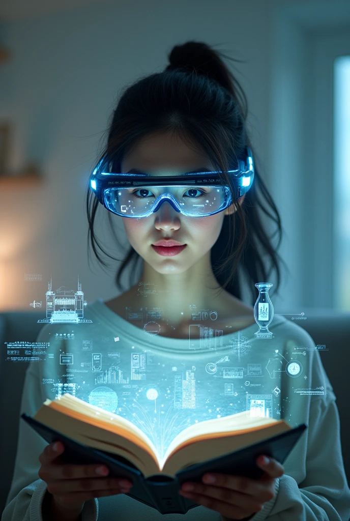 A woman wearing artificial intelligence glasses, reading a book, and images appearing around her 