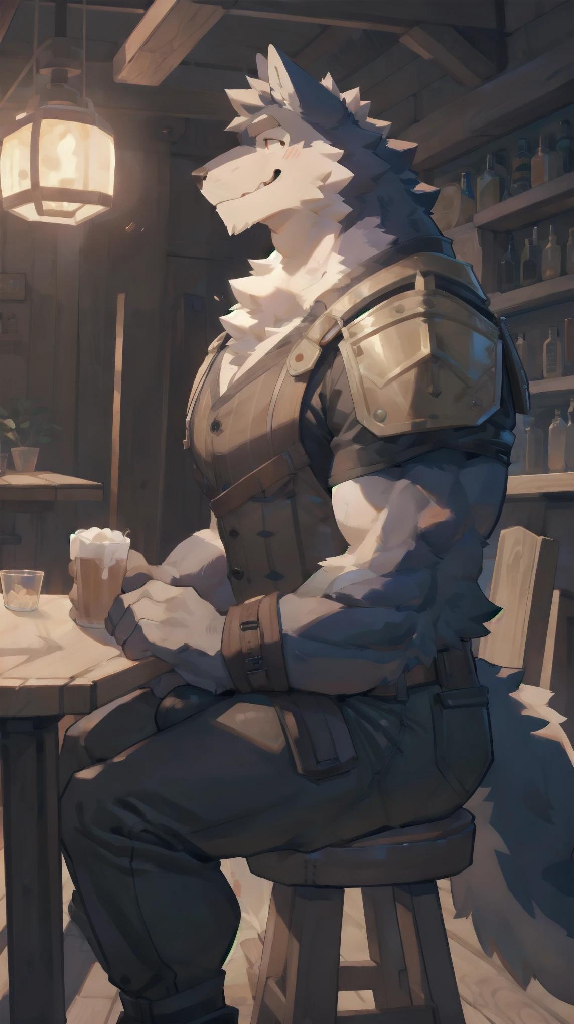 Solo, male, sitting at tavern, bulge, by bigcozyorca, by goonie-san, by bebebebebe, by spikedmauler, side view, big buff , wolf tyrannosaurus hybrid, black fur, black fur, bushy tail, buff, wearing brown fantasy leather armor, tall, masculine, bulge, sexy, playful, joyful expression