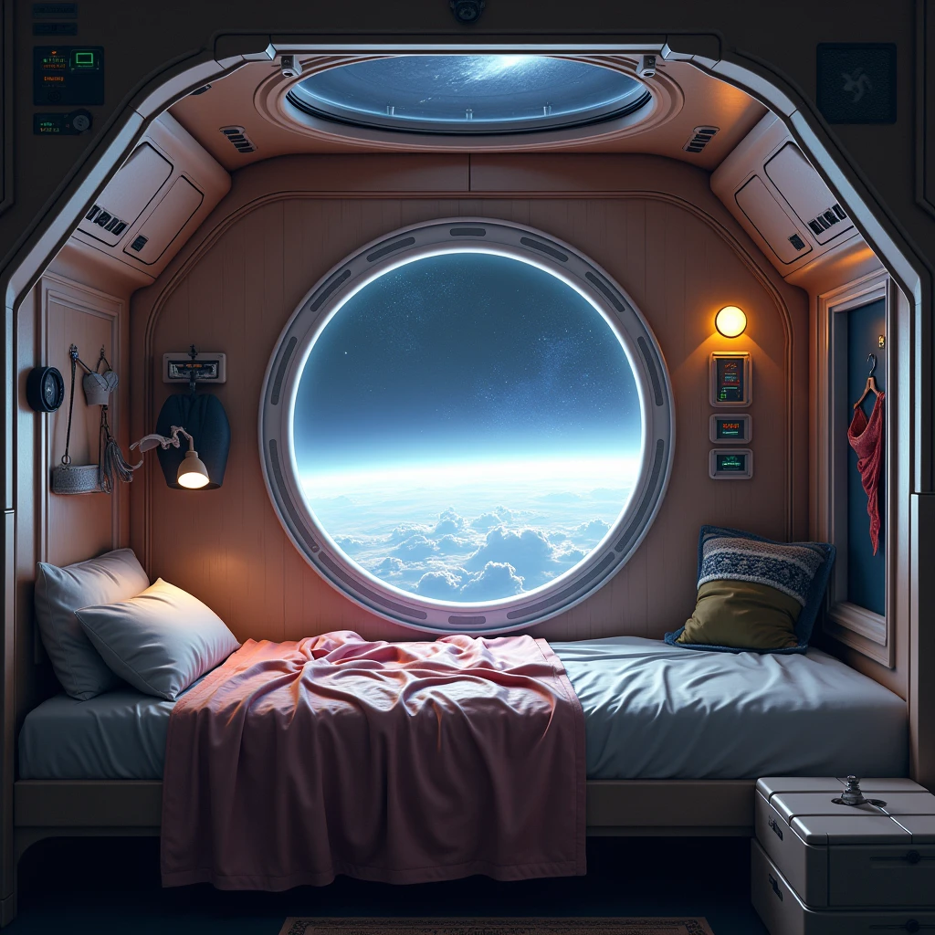(Photorealism:1.2), Cosmos, spaceship, Cabin, Large round window, made bed, there is a skirt on the bed, shirt panties and bra.