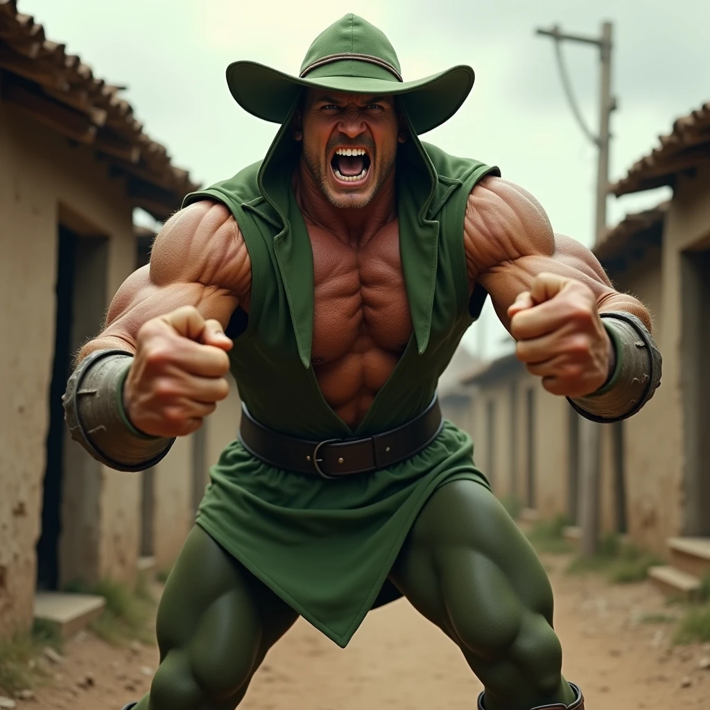 a very strong bodybuilder man, robin hood dress, with the green clothes and green hat characteristic of Robin Hood, muscular, tan muscular que se ven las venas de su cuello, He has both of his fists extended forward as if he wanted to hit someone, shouting with fury and anger and rage, with open mouth. in the background a village with poor medieval houses. The pose is an exaggerated comic or superhero type pose.. Close up of the expression of anger on his face