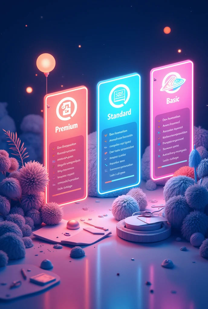 Create a vibrant and eye-catching illustration for a marketing website's package boxes. The design should feature a modern, sleek, and visually appealing style that highlights various package options. Include distinct, attractive icons or visuals representing different package features, such as premium, standard, and basic plans. Use a color palette that complements the overall website design and adds a sense of excitement. Ensure the illustration has a dynamic, interactive feel that invites users to click and explore the package details further. Incorporate subtle elements of interactivity, like arrows or clickable icons, to guide users towards the package page. The Name of the package is "Essentials, Growth and Scale"