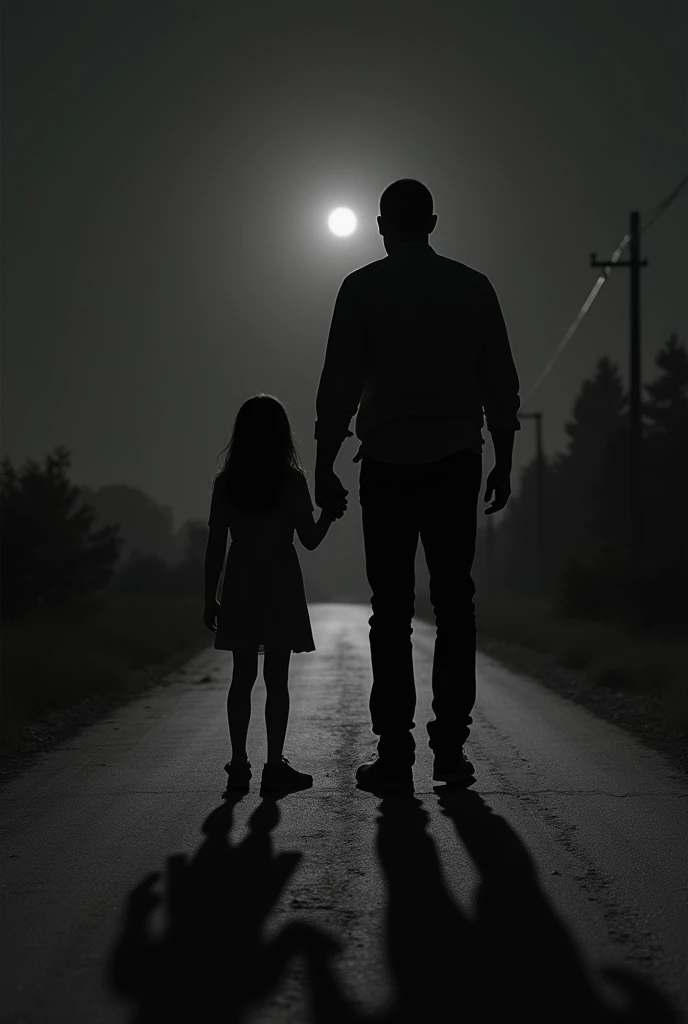 Create a realistic shadow image of a man and a girl holding hand and standing on a road in dark night