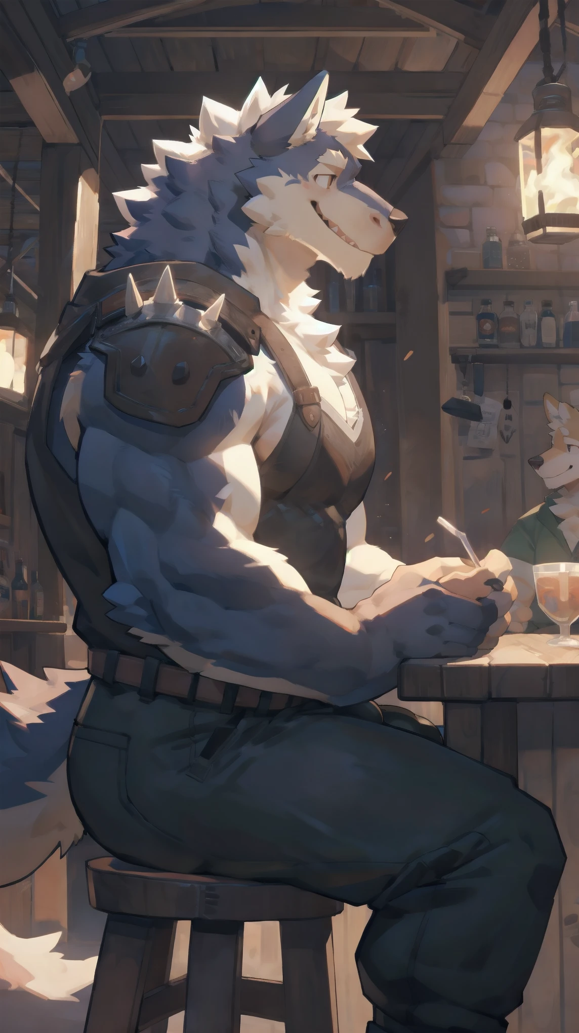 Solo, male, dancing at tavern, bulge, by bigcozyorca, by goonie-san, by bebebebebe, by spikedmauler, side view, big buff , wolf tyrannosaurus hybrid, black fur, black fur, bushy tail, buff, wearing brown fantasy leather armor, tall, masculine, bulge, sexy, playful, joyful expression