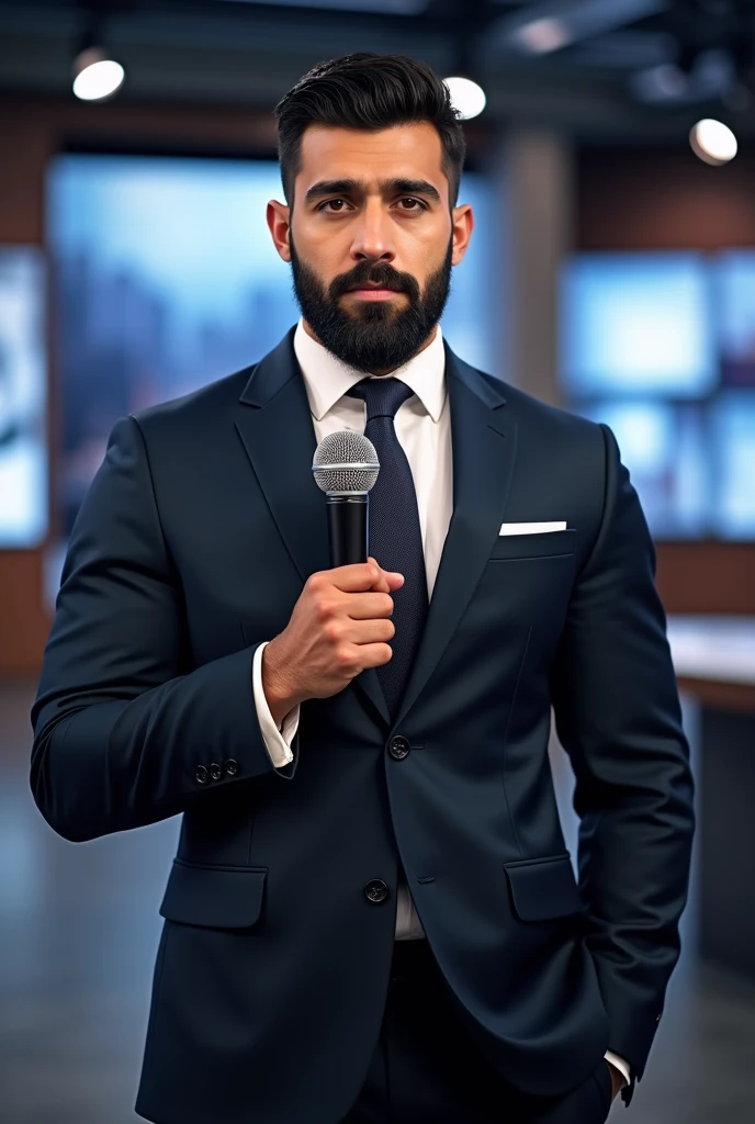 Strong muscular bearded young Iranian man in suit and tie holding a microphone, news reporter Anthony Conn, christian orrillo, Omar Ortiz, joel torres, Jason Schier, Ignacio Fernández Rios", james zapata, alex miranda, danilo torres, Lucas Graziano, photo of the journalist, high quality news footage, Jonathan Zawada, Sidney Lugo, news footage