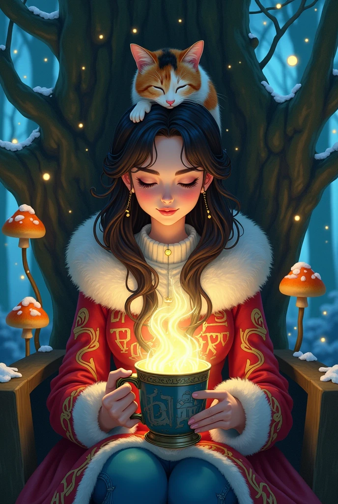 Ghibli Studio style, vibrant colors, close-up of a beautiful enchantress's hands holding a mug overflowing with swirling, luminescent mist. She wears a richly embroidered mage coat with fur accents, seated in a throne carved from a living tree that glows with runes. A calico cat sleeps peacefully on her head, glowing mushrooms around, snowflakes drifting into her grove dwelling, a sense of powerful yet gentle magic.
