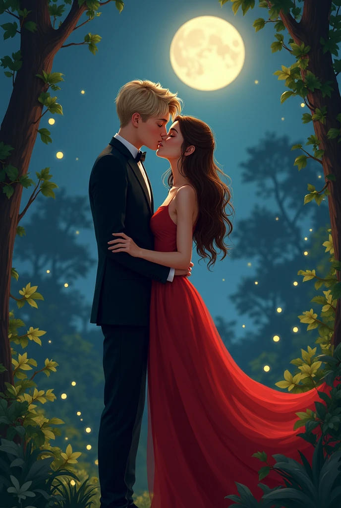 Boy that has blonde thick hair in tuxedo and girl with brown wavy hair in a red dress are kissing under the moonlight. Make the image realistic