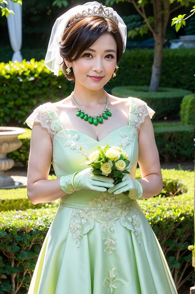 ((Masterpiece)), ((Best Quality)), A middle-aged short-hair woman, ((She is wearing an ornamental emerald green color wedding dress)), She is wearing gloves on her hands., outdoor, She is in a garden. She is wearing a big necklace.