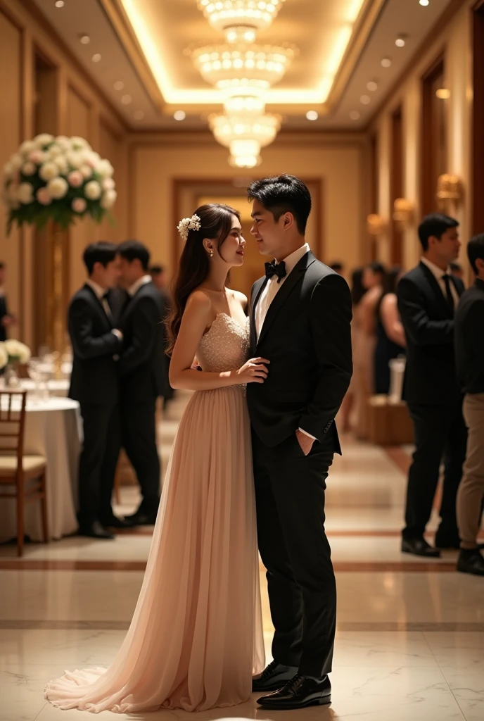 Beautiful woman, long hair, wearing pink String bikini panties, While holding onto a male friend, With a boyfriend, standing Take photos with men, wearing a crown, At a wedding, little smile, horny expression, full body view, heels, looking at viewer