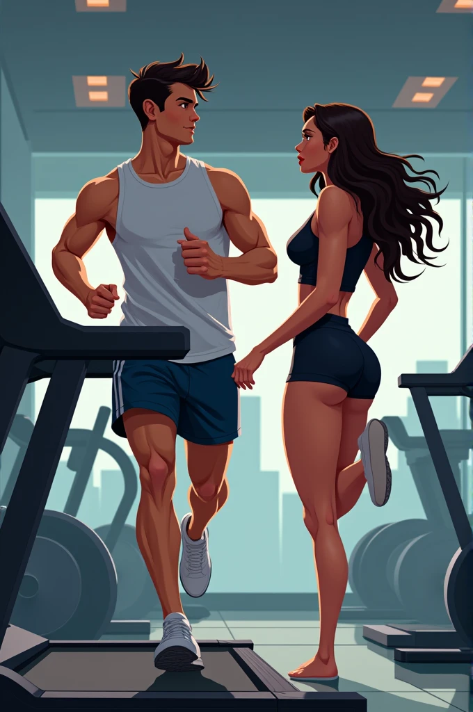 A boy running on a treadmill an a hot girl watching him with short gym dress
